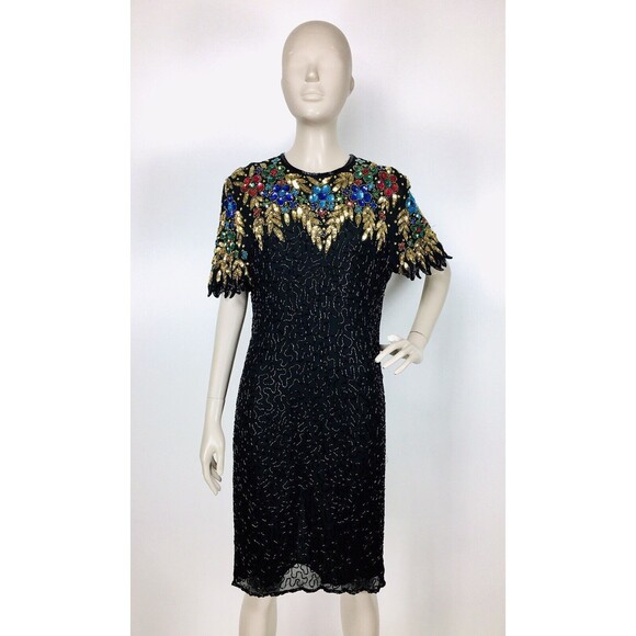 Vintage 80s 100% Silk Beaded Sequined Bright Colored Cocktail Party Dress Carina - Picture 8 of 10